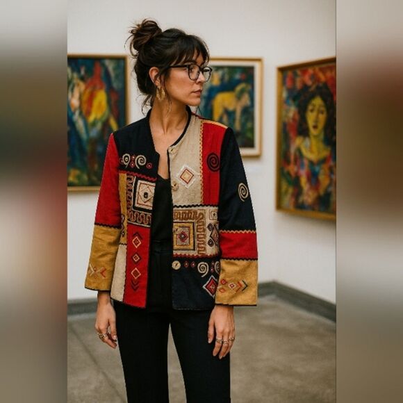 Indigo Moon L Embroidered Patchwork Jacket Boho Festival Artsy Statement Coat - Picture 1 of 9